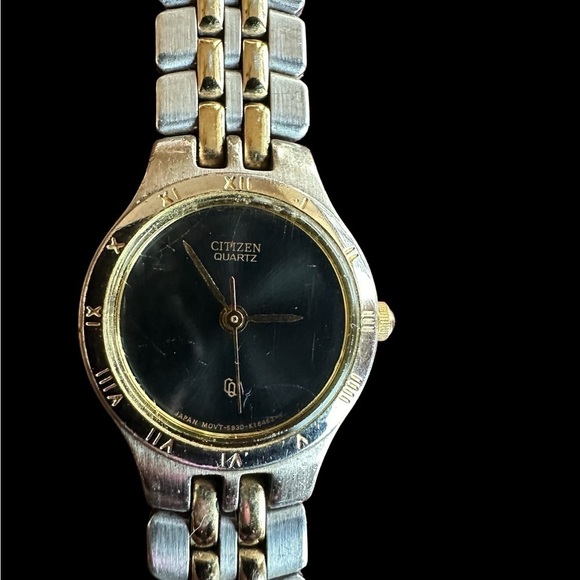 Citizen ladies two-tone black face watch with Roman numerals bezel